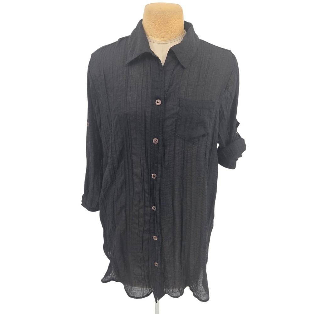 Mynah Button Down Shirt 0X Black Roll Tab Sleeve Tunic Lightweight Minimalist